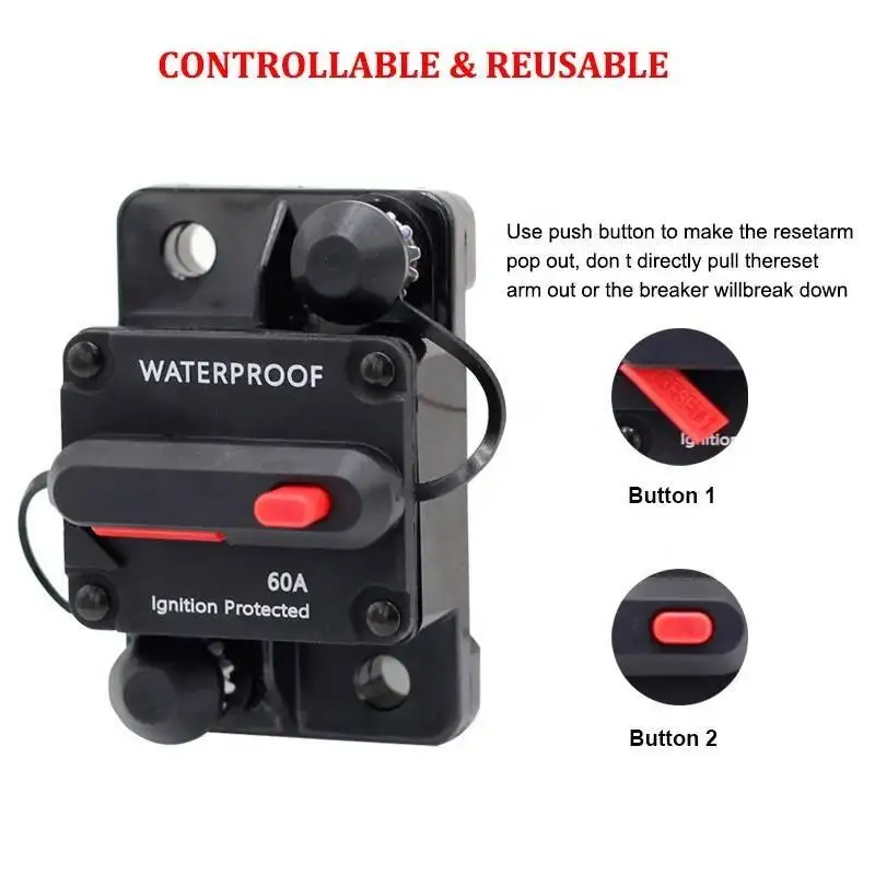 Circuit Breaker 20A to 200A Manual Reset for Car Audio System Waterproof Marine Circuit Breaker Reset Fuse 12V- 48V DC 40A 60A