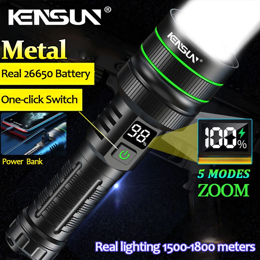 超強力長距離キロメートル級超高輝度懐中電灯、屋外防水ハイパワー強力ライト懐中電灯、充電式