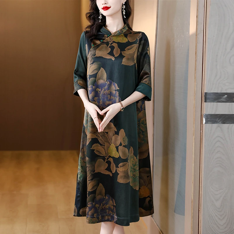 2023 New Elegant and Improved Qipao Printed Dress Women's Spring Fashion 5/4 Sleeve Loose Fit Holiday Casual Dress Vestidos