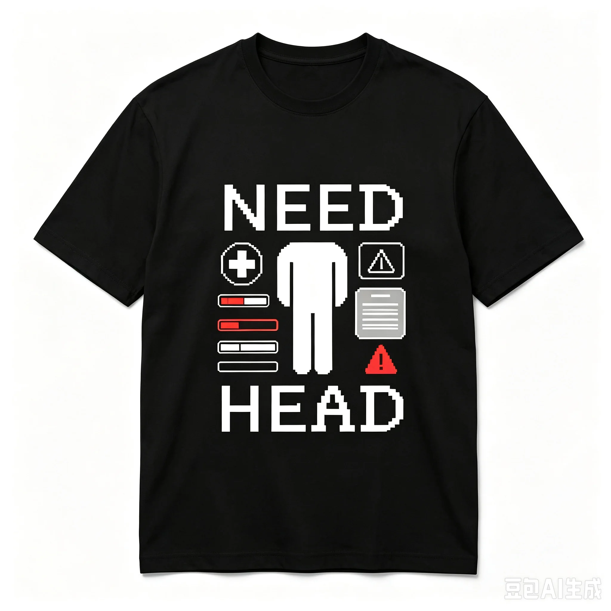 Men Need Head Pixel Game UI Graphic T-Shirt Funny Gamer Crew Neck Short Sleeve Tee