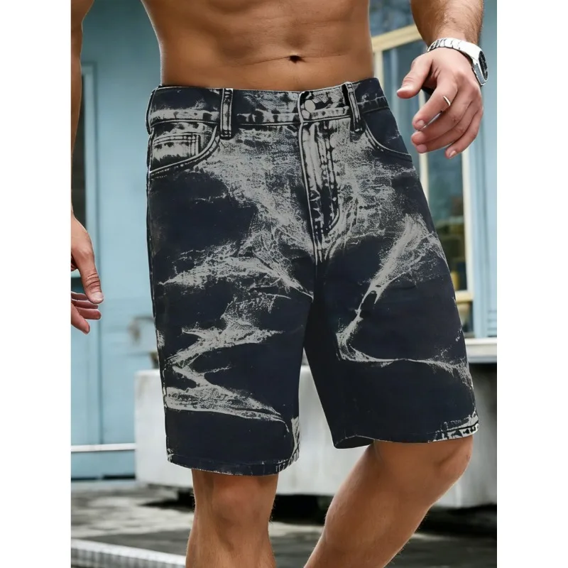 

American Streetwear Men's Non-Stretch Denim Shorts Marble Washed Printed Knee-Length Summer Casual Jeans Shorts