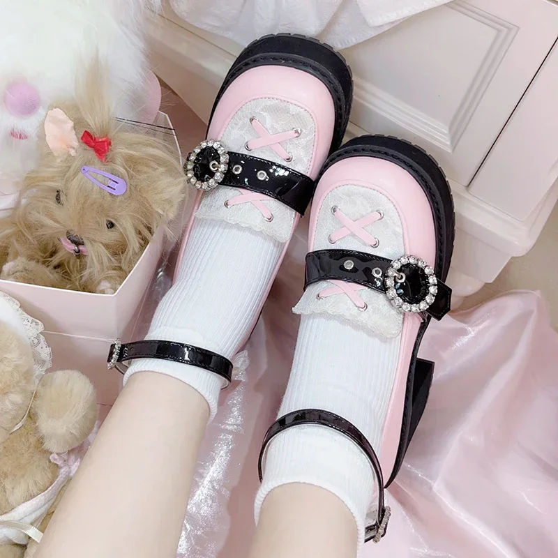 Fashion Punk Women's Party Platform Shoes 2023 Spring and Autumn Sweet Cute Diamonds Bow Lace Up Round Toe High Heels Shoes