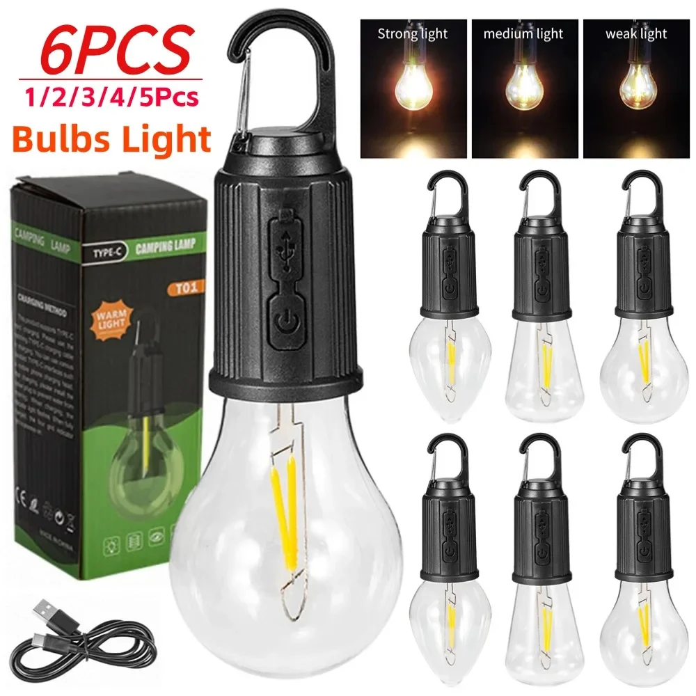 

1-6PCS Outdoor LED Lamp Bulbs Type C Charging Waterproof Emergency Light Bulb with Hook Portable Camping Lantern Night Lights