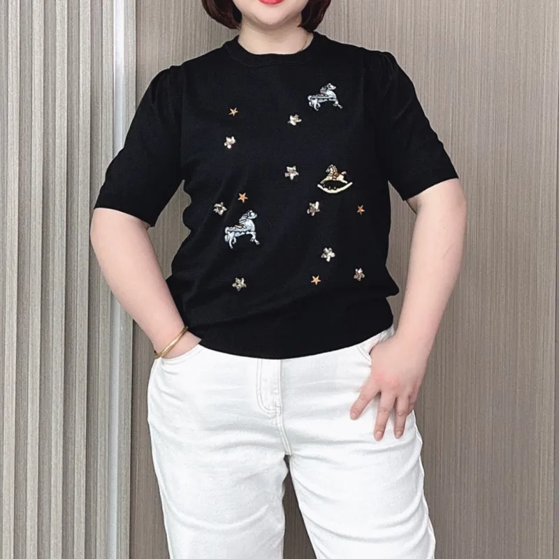 2024 New Plus Size Women Summer Slim Top Fashion Sequin Embroidery Ice Knit short-sleeved T-shirt