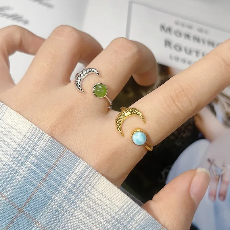 Natural gemstone jasper blue gold Nanhong sea pattern stone Opal colored treasure ring women's s925 sterling silver