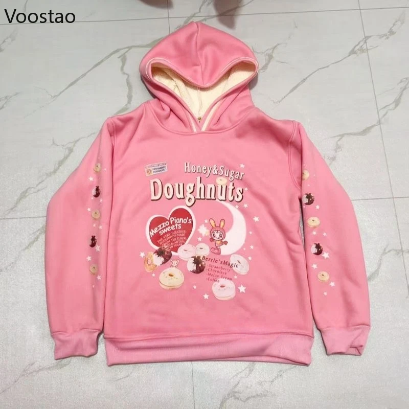 Felpe con cappuccio stile Lolita dolce rosa da donna Felpa con cappuccio con stampa coniglietto cartone animato giapponese Kawaii Top pullover caldi autunno inverno