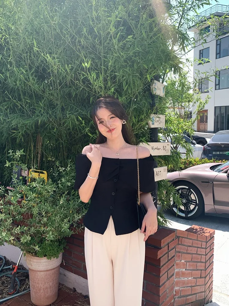 

Rosewth Slimming Silk Shirt One Shoulder Waist Cinching Two-Way Wear Commute Style Regular Length Slim Fit Pure Color Summer