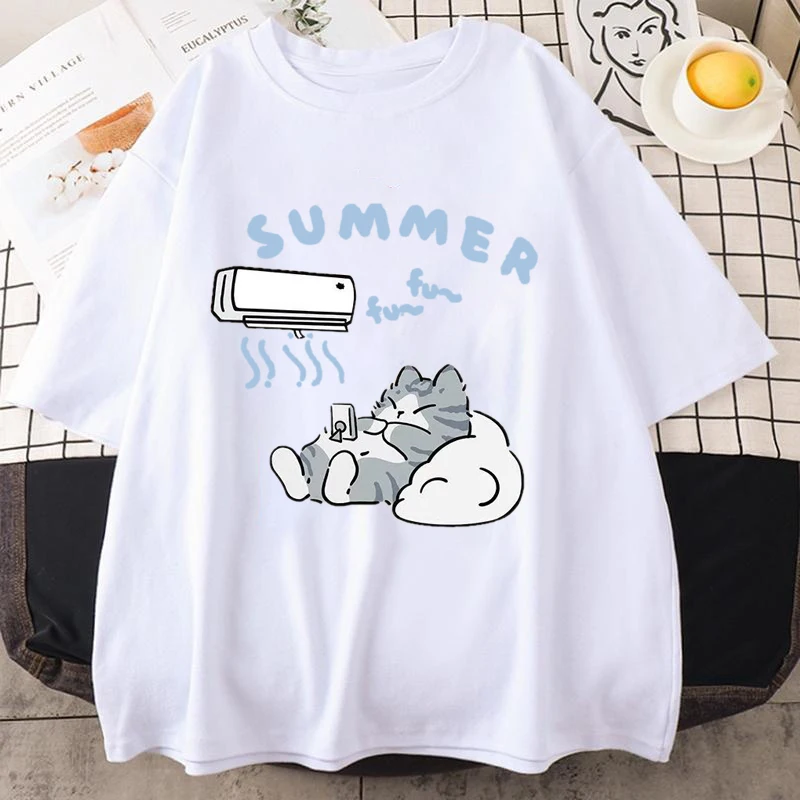 جديد لطيف القط متعة طباعة تي شيرتات قصيرة الاكمام المرأة الرجال الصيف فضفاض عادية نصف كم لينة أسفل حجم كبير قميص أعلى