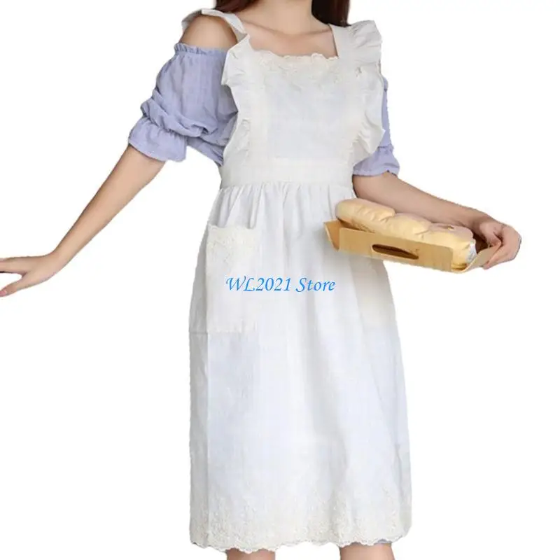 

G5GC Cotton Linen Lace Trim Ruffle Apron for Kitchen Gardening Craft Vintage Adjustable Straps Pinafore Dress with Pockets