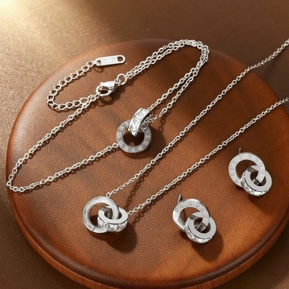 Women's Classic Stainless Steel Roman Numerals Necklace Bracelet Earrings Set - Versatile Simple Daily Jewelry