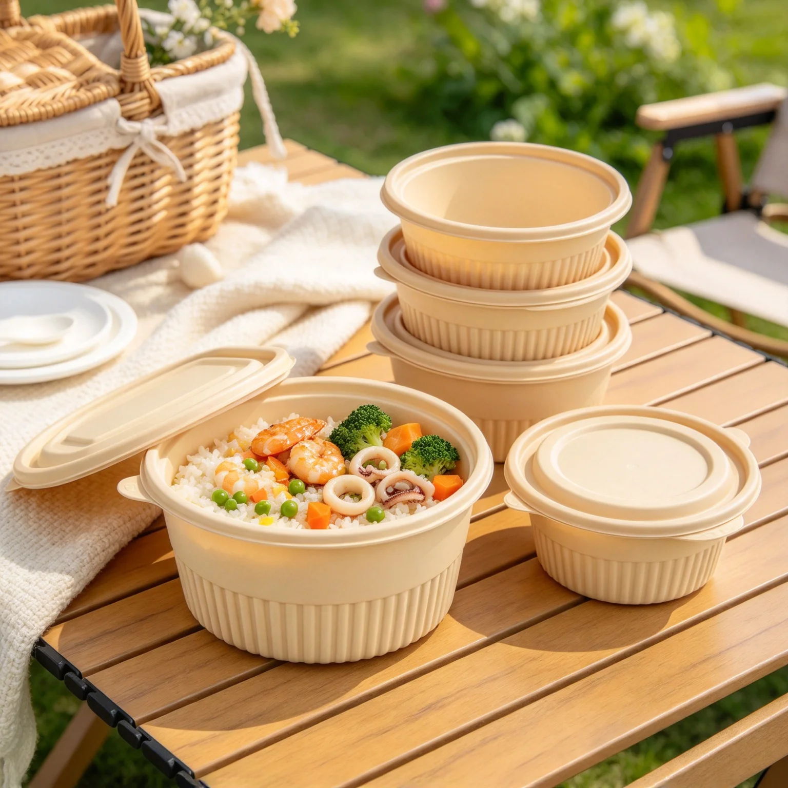 Corn Starch Disposable Round Bowls with Lids, Biodegradable Food Container, Microwave Safe Takeaway Salad Rice Soup Bowl