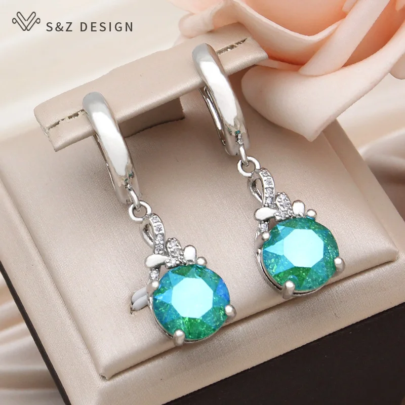 S&Z DESIGN New Fashion Round Crystal Dangle Earrings For Women 585 Rose Gold Color Cubic Zirconia Wedding Party Jewelry Gift