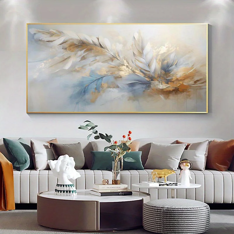 

2Dplat Frameless Modern Abstract Watercolor Feather Canvas Wall Art,Blue Beige White Gold Gray Painting Living Room Wall Decor