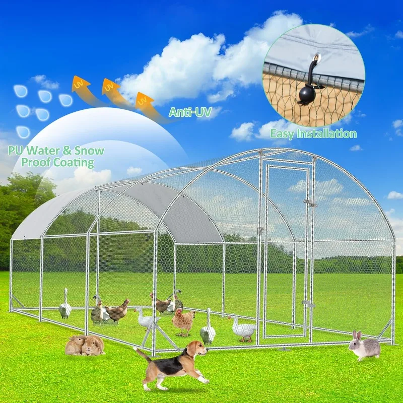 Spurgehom Chicken Coop Run Large Metal Chicken Coop Walk-in Poultry Cage Chicken Pen House with Waterproof and Anti-UV Cover