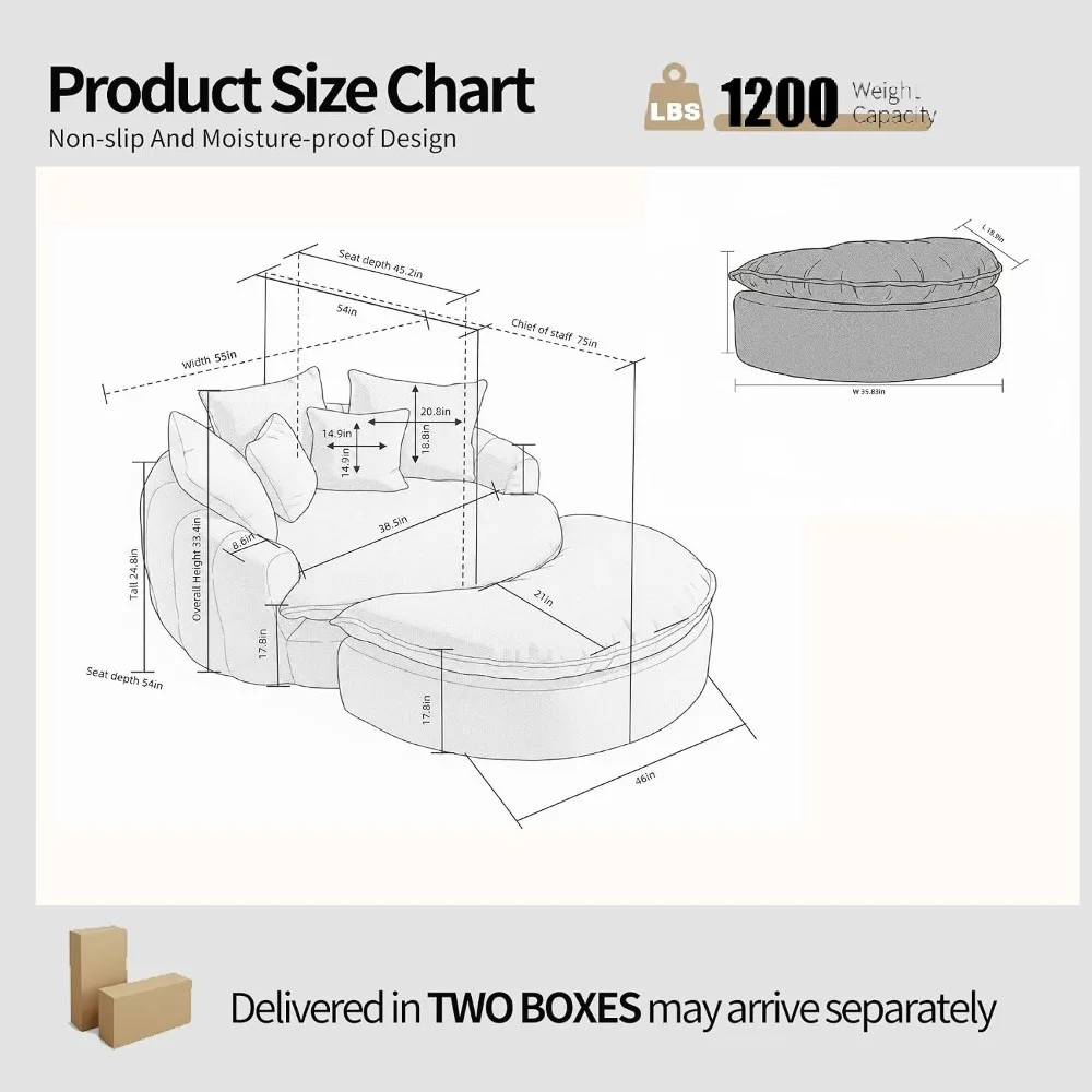 Oversized Round Boneless Lounge Chair with Ottoman Cloud Comfy