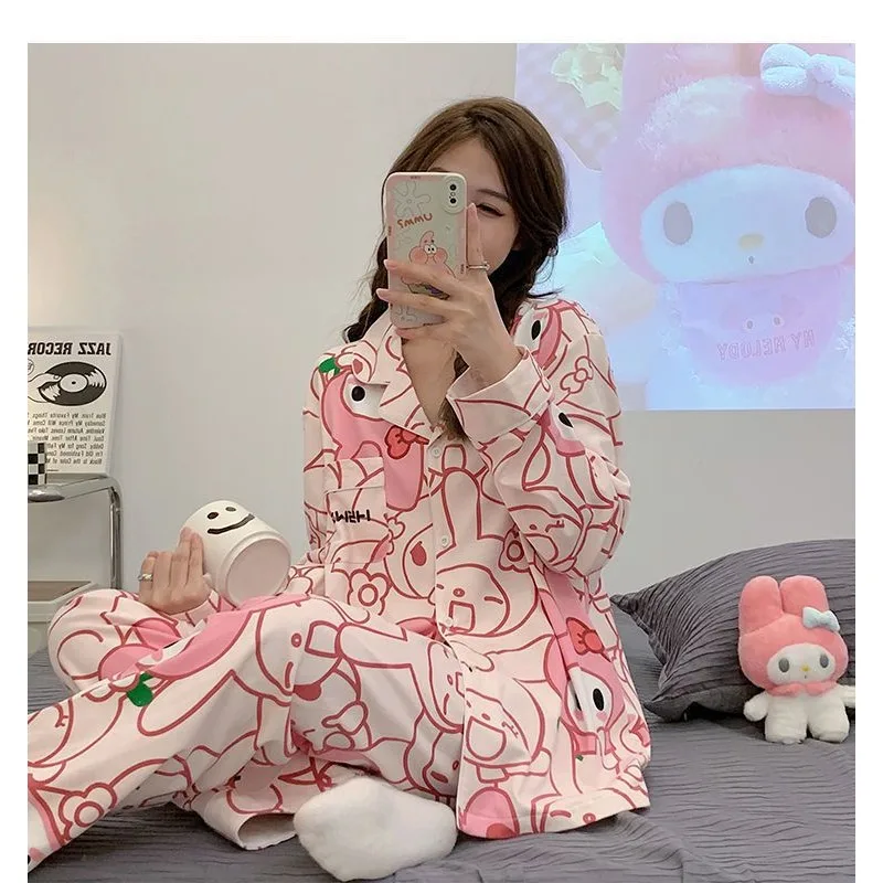 ins cartoon Melody pajamas Sanrio pajamas long-sleeved printing set loose and comfortable loungewear cute Melody loungewear