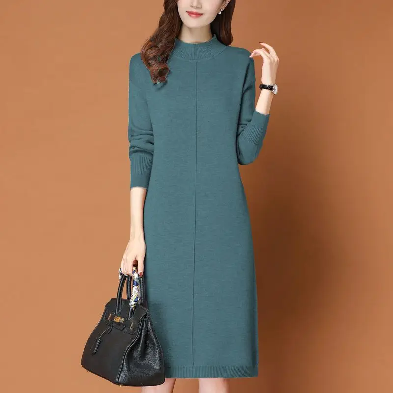 

Long Knee Length Autumn and Winter Dress for Women New Chinese Style Outfit Loose and Slim Knitted Woolen Casual Dresses