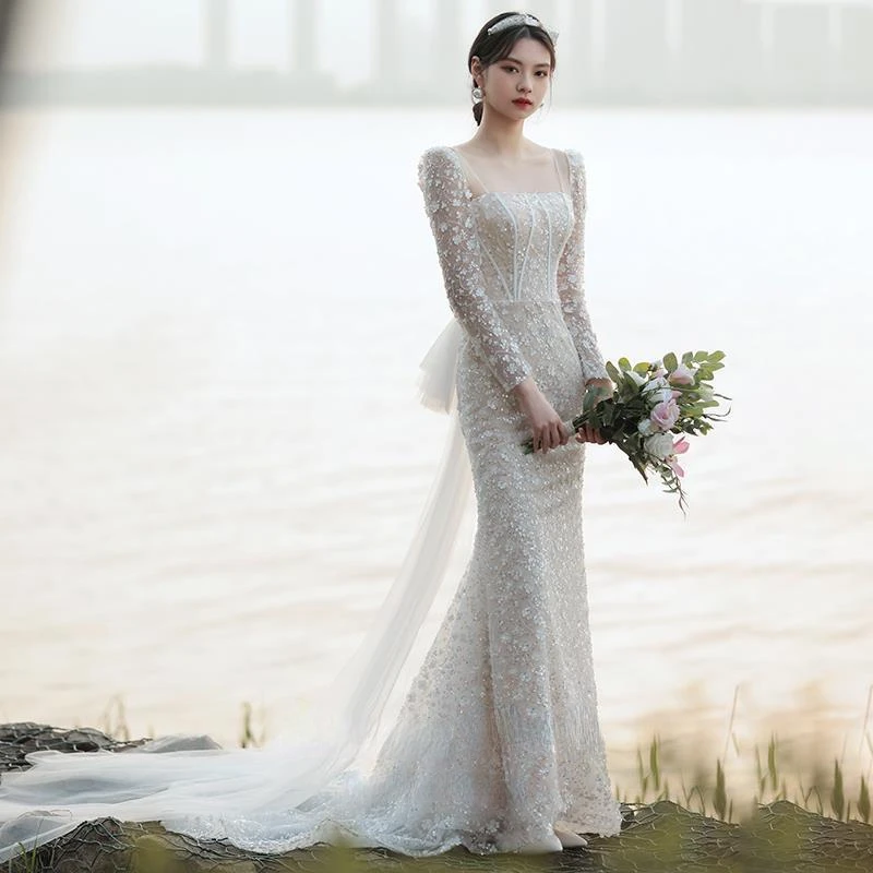 Korea Appliques Mermaid Wedding Dress Vintage Long-sleeve Beading Flowers Wedding Gowns Stunning Sweetheart Formal Dress