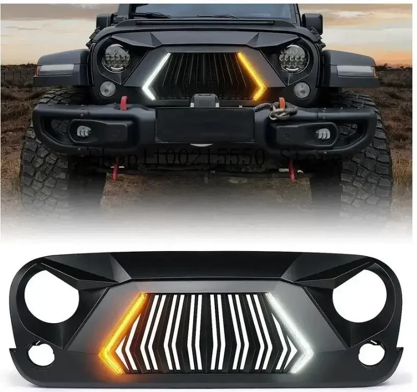 Off-road Car Radiator Grille With LED Turning Signal Light Bumper Upper Mesh Cover Racing Grills For Jeep Wrangler  JL 2018-2023