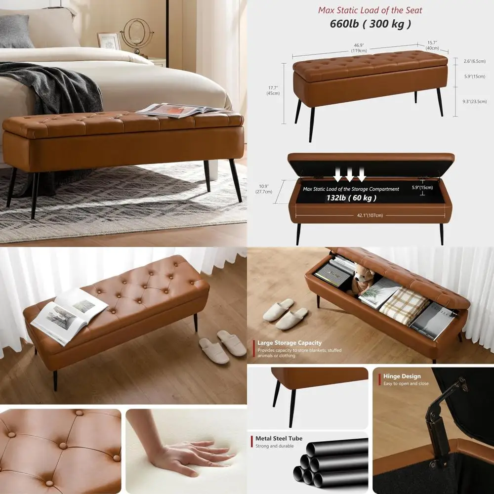 مقعد عثماني من الجلد الحديث في منتصف القرن مع أرجل فولاذية، وتخزين ونهاية السرير للاستخدام لغرفة المعيشة وغرفة النوم وغرفة الطعام وغيرها #1