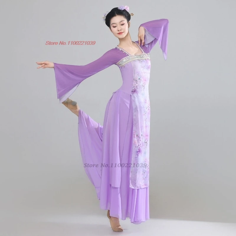 2025, chinesisches Vintage-Tanzkostüm, traditionelles Blumendruck-Mesh-Qipao-Kleid + Rock, Set, Retro-Bühnenaufführung, Tanzkleid, Hanfu
