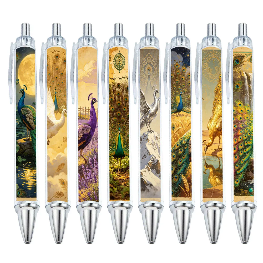 8/12 PCS Gilded Elegant Peacock Opening-Display Pattern Round Beads Pens. Pattern is random.