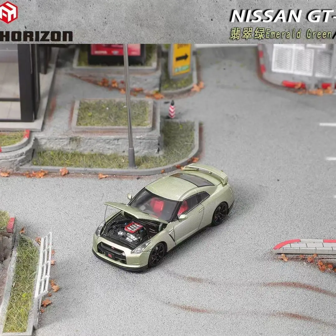 Spot FH 1:64 GT-R R35 tampa aberta, motor verde esmeralda, modelo de carro em liga