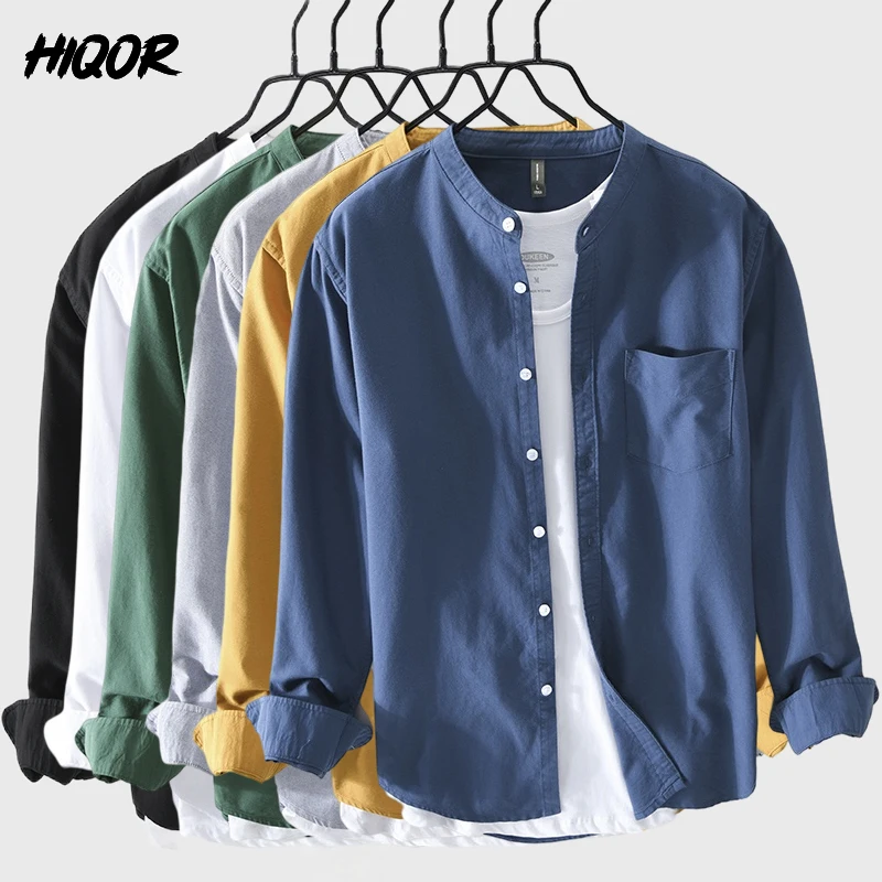 HIQOR Men\'s Shirt 100% Cotton All-match Long Sleeve Tops 2024 Spring Summer Solid Color Shirts Man Casual Blouses Streetwear Men