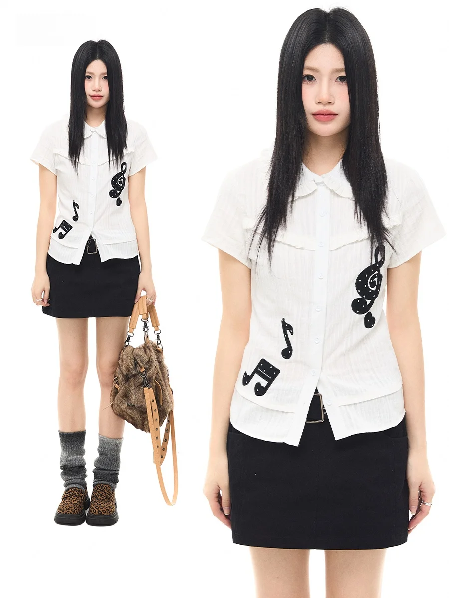 

Sanowers College Style Short Sleeve Embroidered Slim Fit Doll Collar Shirt Women Summer Youthful Top Breathable Cotton Polyester
