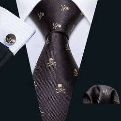 Marrone Uomini di Modo Del Cranio Cravatta del Legame Gravat Fazzoletto Gemelli Set Cravatte di Seta Per Gli Uomini il Vestito Del Partito del Regalo di Affari di Barry. wang