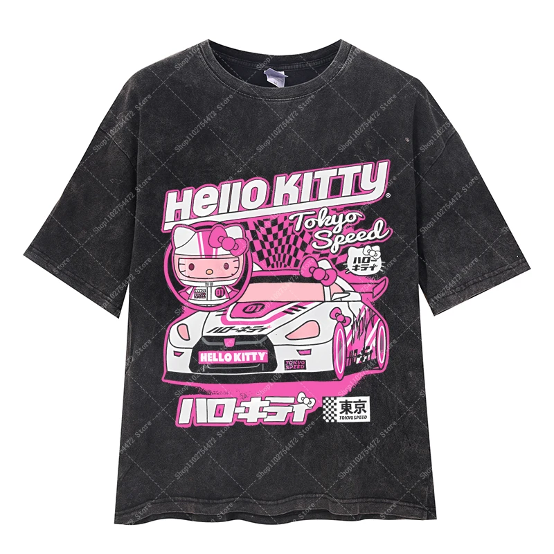 مرحبا كيتي الكبار خمر غسلها تي شيرت الصيف ملابس النساء أنيمي تي شيرت مطبوع فتاة قصيرة الأكمام كارتون لطيف تي شيرت 2025