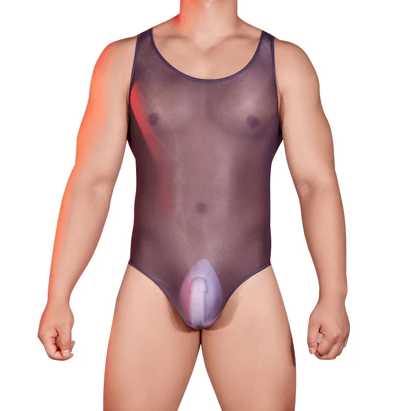 

Men Sexy Swimwear Bodysuit Tight Transparent High Elastic Undershirt Oil Thin Swimsuit Summer Fitness Mesh Jumpsuit