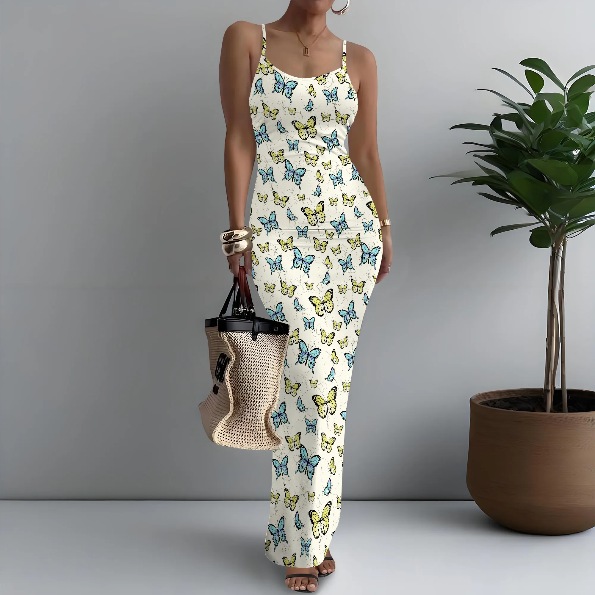 

Women's Spaghetti Strap Maxi Dress Girly Butterfly Print Tight XS-3XL