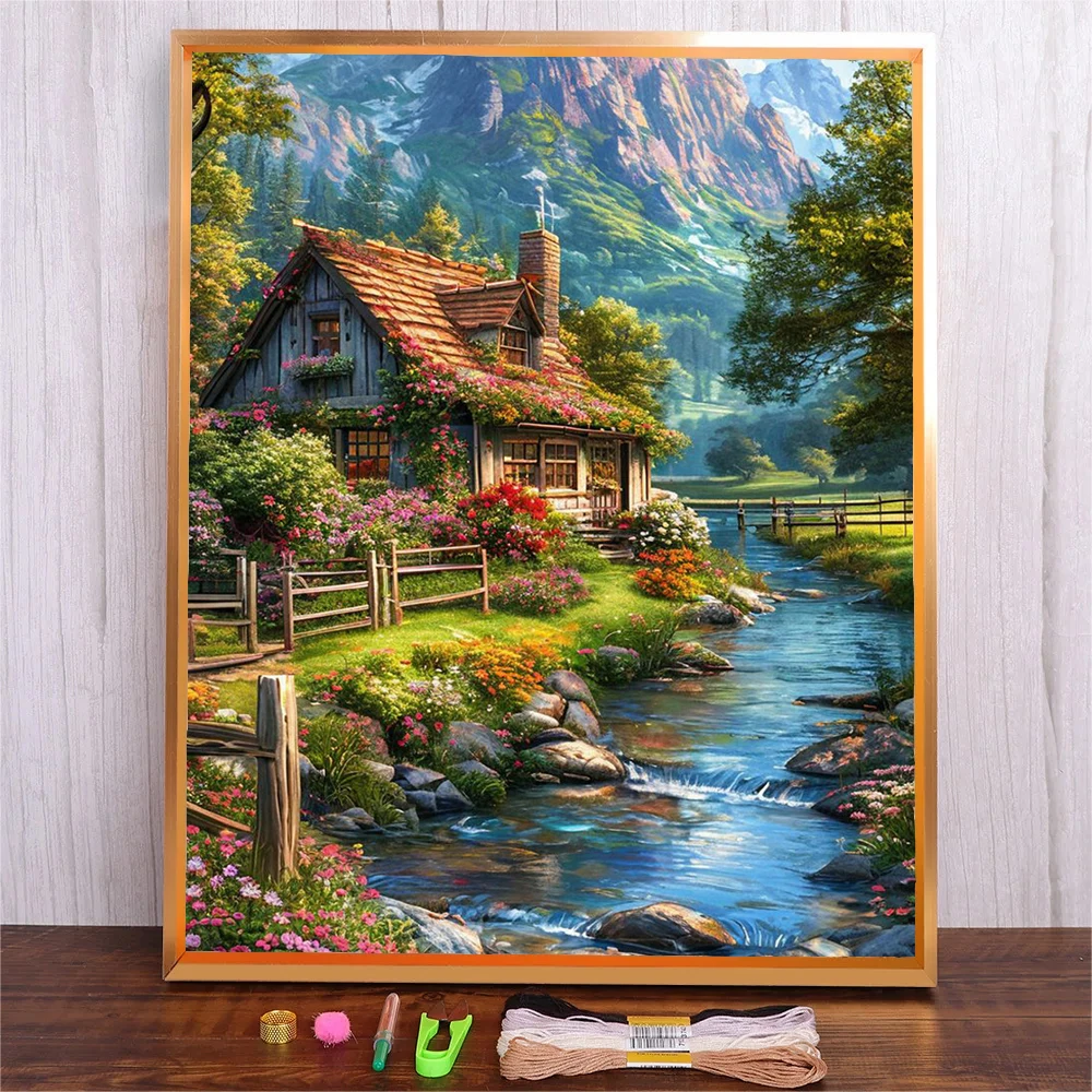 

11CT Cross Stitch Mountain House Landscape Kits 30x40cm Needlework Embroidery Crafts Kit For Adults Beginners Wall Decoration