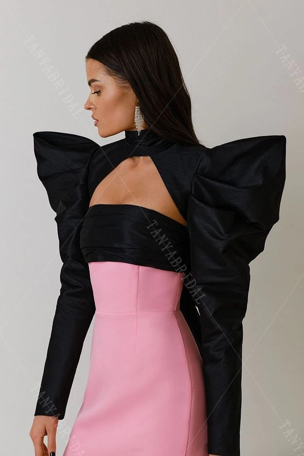 Black Taffeta Long Sleeved Jacket High Collar Puffy Shoulder Fashion Bolero Bridal Accessories Chic   ZJ224