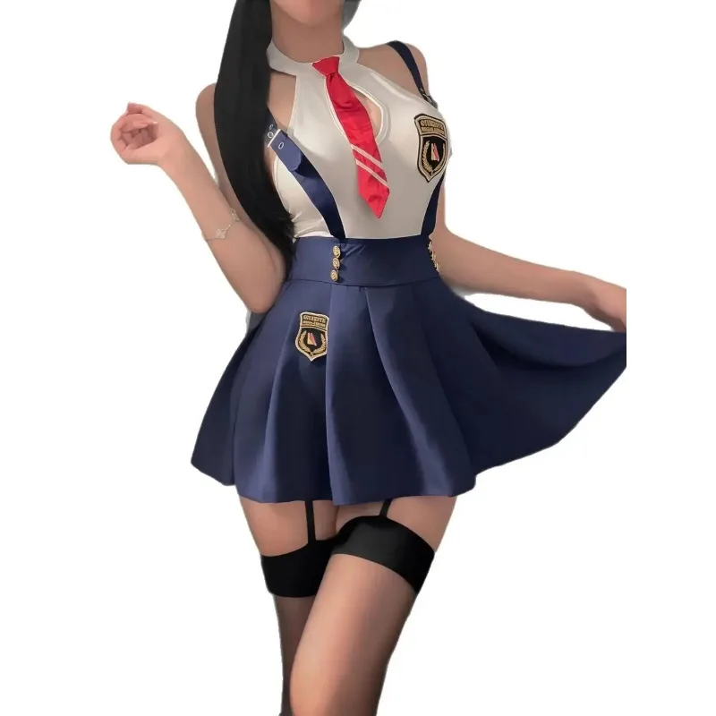 Sexy Student Skirt Sets Hanging Neck Tie JK Campus Short Backless Deep V Suspenders Sleeveless Skirt Sets For Women Elegant EMYH
