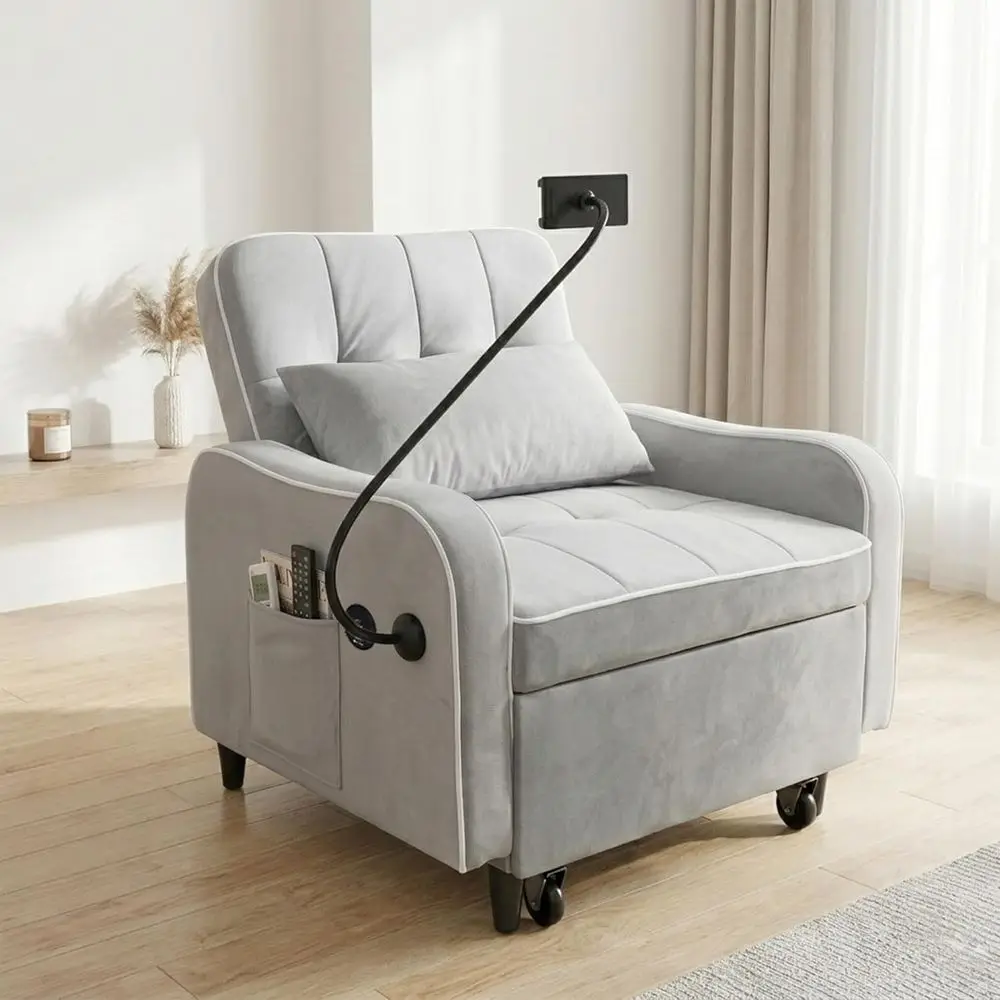 

Grey Velvet Single Sleeper Chair with USB Port, Portable Table, Pillow, Adjustable Backrest for Dorms, Bedrooms, Living Rooms