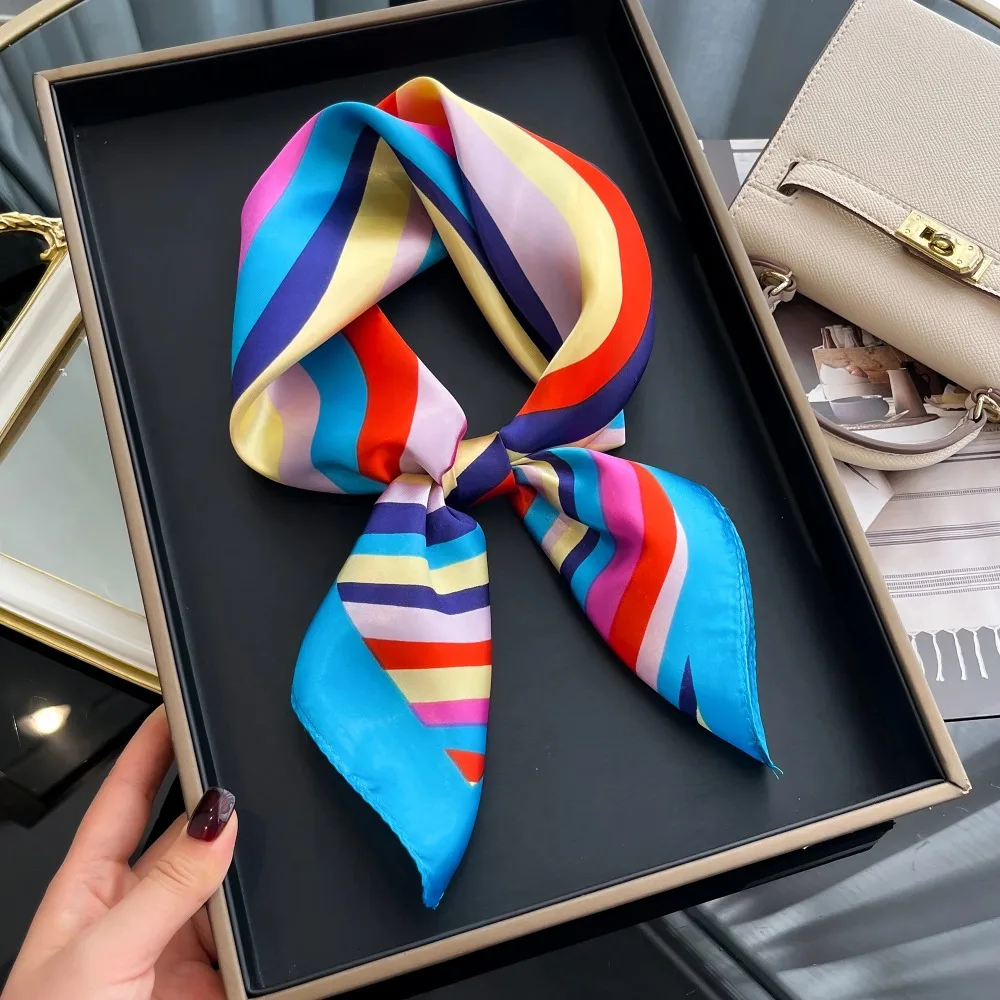Nuevo Pañuelo Cuadrado de Seda de Lujo con Rayas Coloridas para Mujer, Hiyab, Banda para el Cabello, Pañuelo para el Cuello, Chal de Satén, Diadema, Bandana de Moda