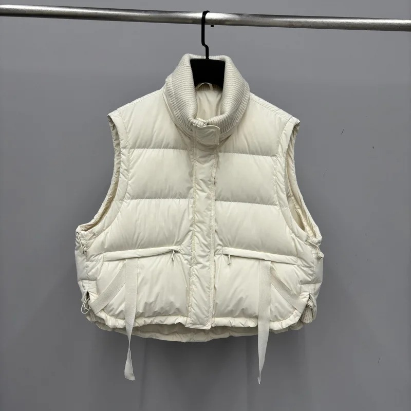 

Осень-зима, жилет на пуху с воротником-стойкой, женский жилет на шнурке, верхняя одежда, женский однотонный теплый жилет без рукавов на белом утином пуху