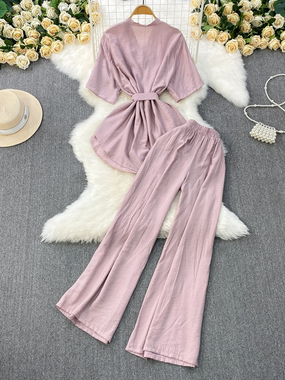 

Loose Fitting Mid-Length irt Top And High Waist Wide Leg Pants Two-Piece Set Korean Sle plus Size Summer Faion Ensemble