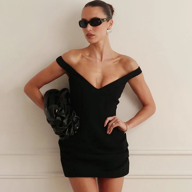 

Tornova Sexy V neck Pleated Dress For Women Sleeveless Slim Black Mini Dress Plunge Elgant Evening Party Dress 2025 Autumn New