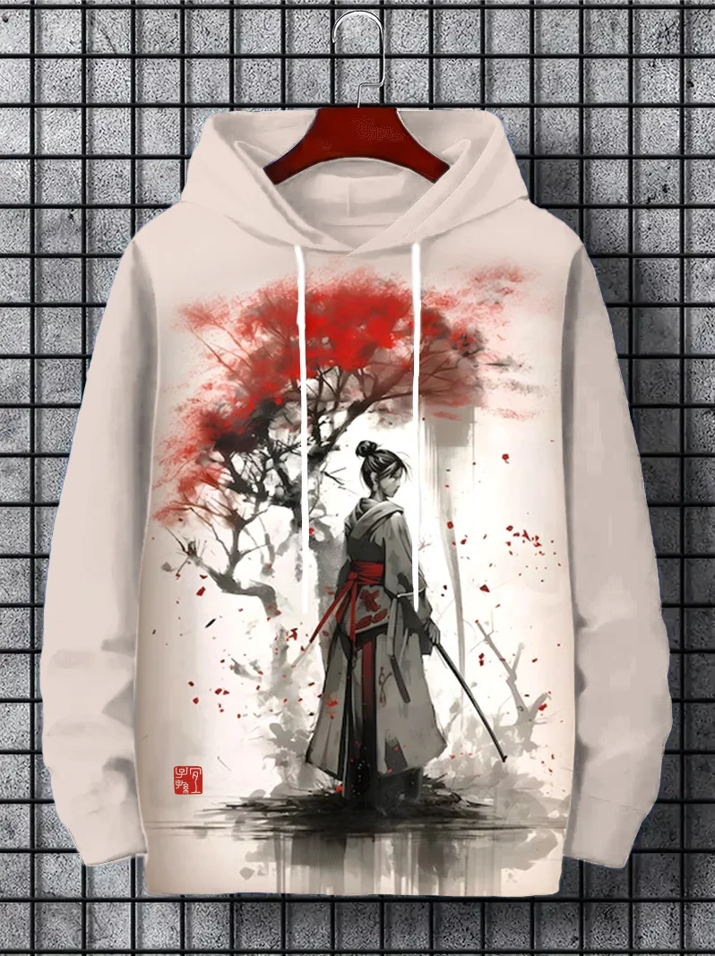 Samurai Men\'s Hoodie Print Y2k Sweatshirt Harajuku Hooded Shirt Pullover Casual Oversized Long Sleeve Sport Top Men\'s Clothing