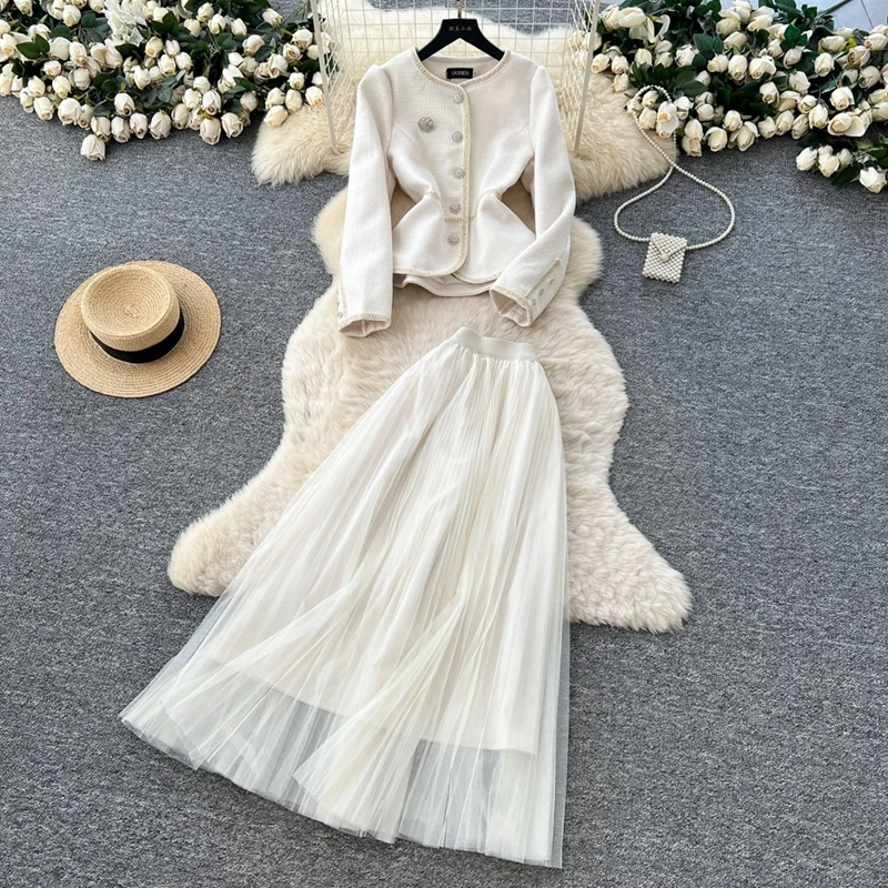 Xiaoxiangfeng Set Women's Autumn French High-End Round Neck Waist Suit Jacket Mesh Pleated Skirt Two-Piece Set
