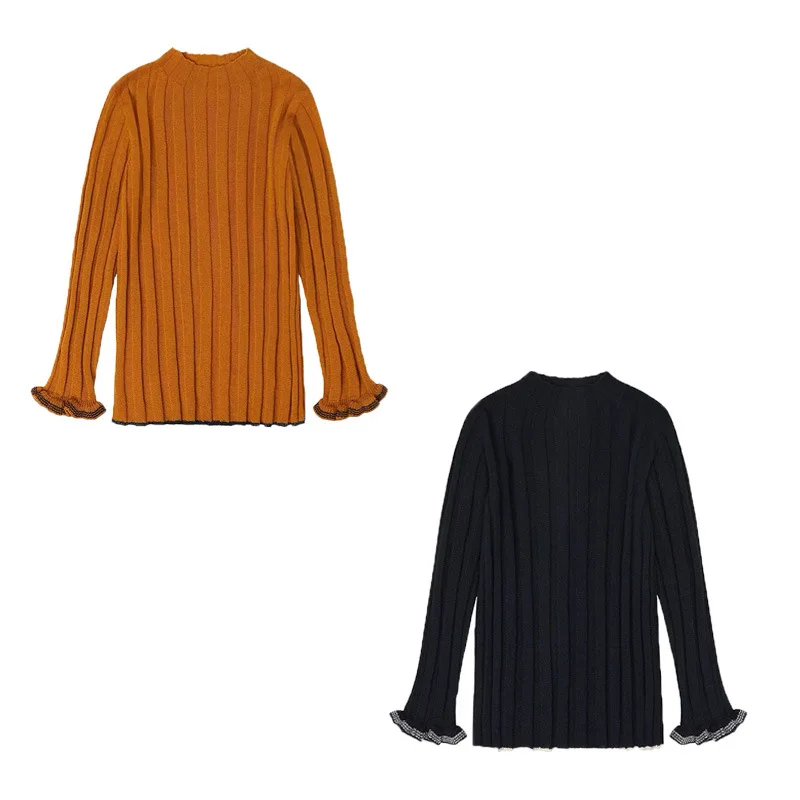 

Новый полосатый вязаный базовый свитер для девочек на осень/зиму 2025 с кружевными манжетами и шерстяным вязаным свитером со средним воротником