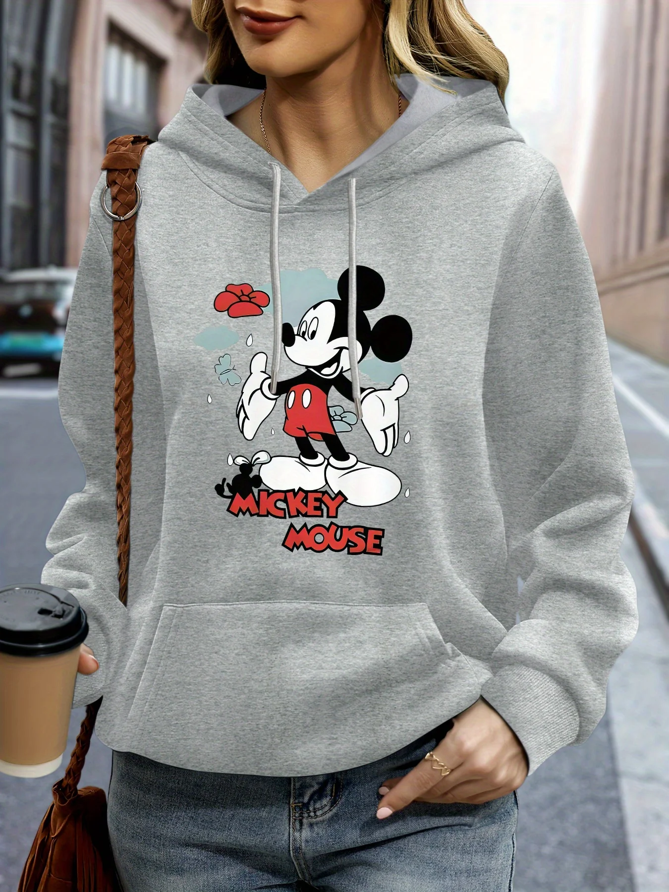 Damen Disney Classic Mickey Mouse Pose Hoodies Baumwolle Gemütlich Fleece Hoody Sweatshirt Pullover Herbst Winter Oversize Lose Mantel