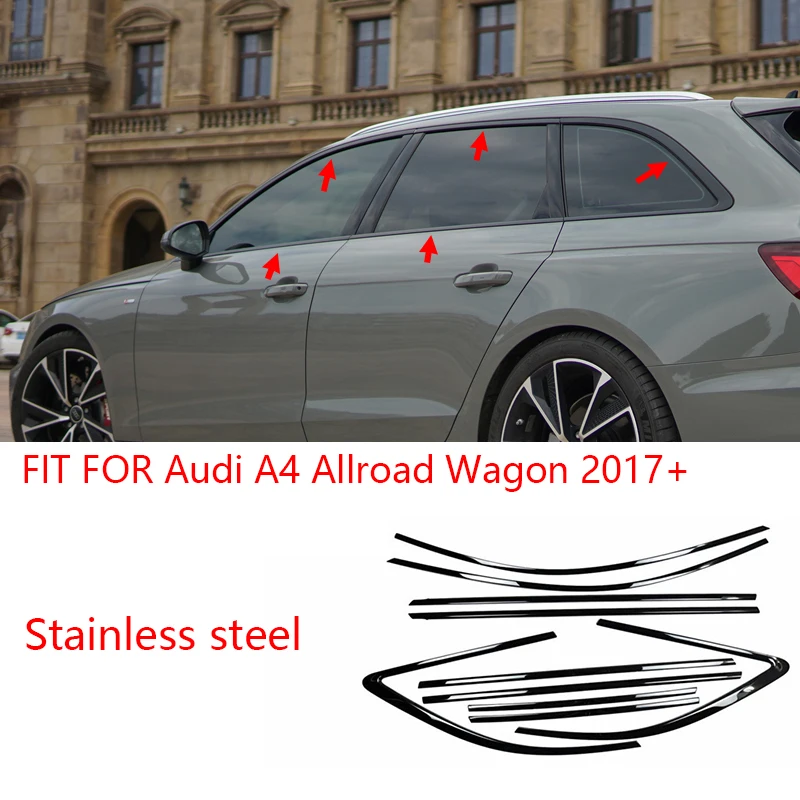 HOPEFIT For Audi A4 Allroad Wagon Avant 2017-2024 Stainless steel black Exterior Window Molding Strip Sill side Cover Trim 10PCS