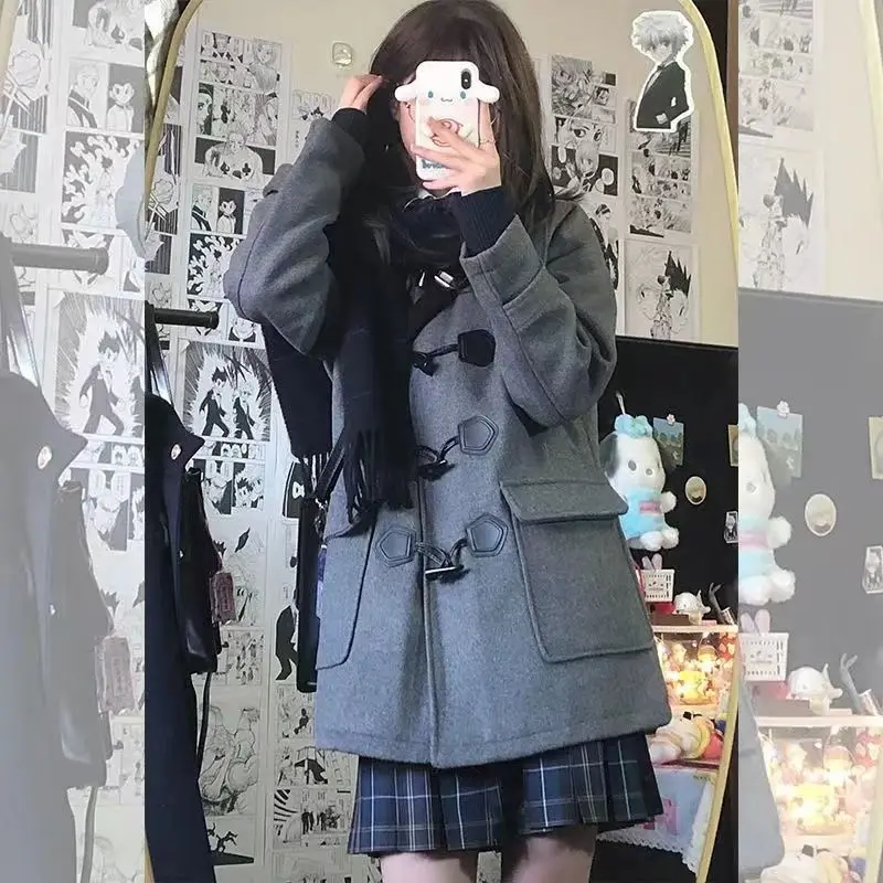 

College Style Horn Button Coat Fall Winter JK Uniform Wool Blend Mid-Length Hooded Overcoat Women