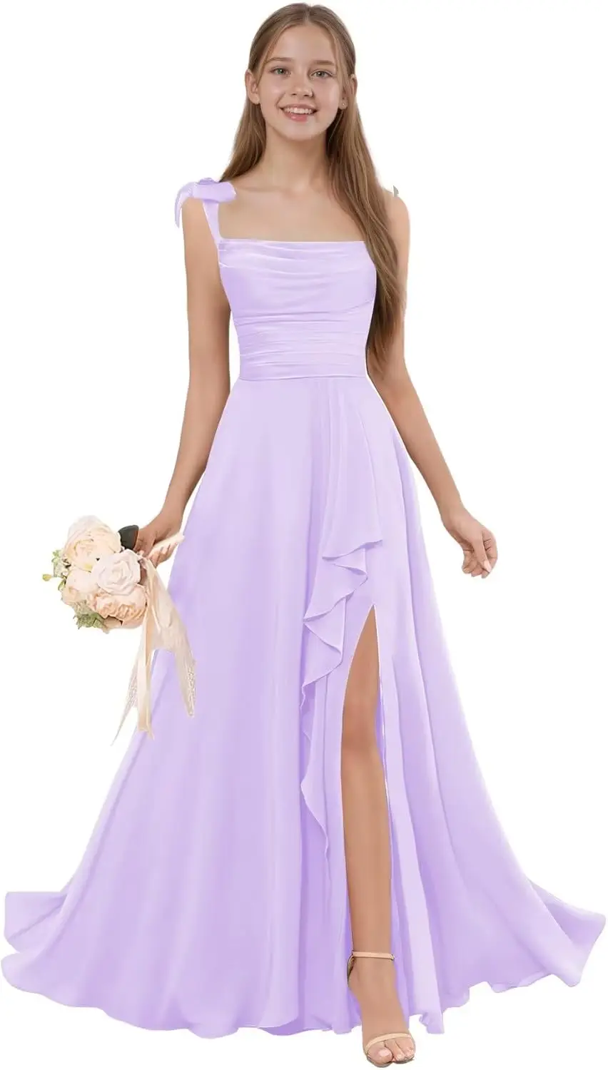 Robe de demoiselle d'honneur trapèze pour filles, bretelles Spaghetti, en mousseline de soie, à volants, robe formelle à fleurs pour mariage