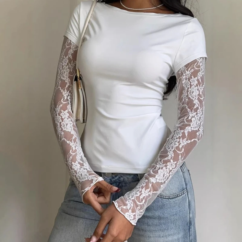 Fashion Lace Splicing Women T-shirt Fall Y2K Floral Long Sleeve Top Slim Fit Casual Elegant Crochet Tee Sweet Daily Street Shirt