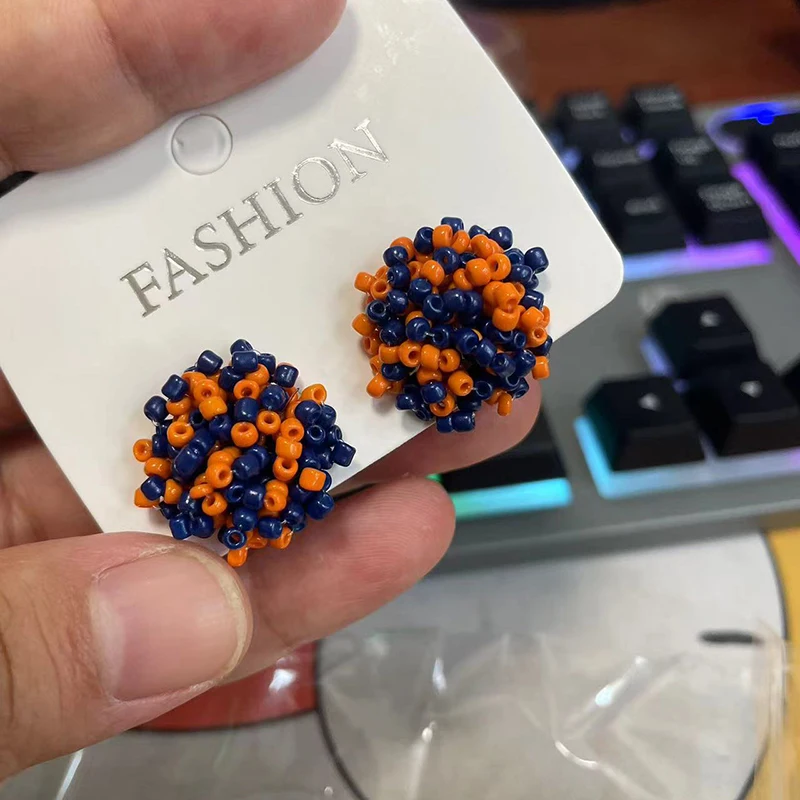 NEW - Orange and NAVY Blue Mix 15mm Small Seed Bead Topper Stud Beaded Earrings \